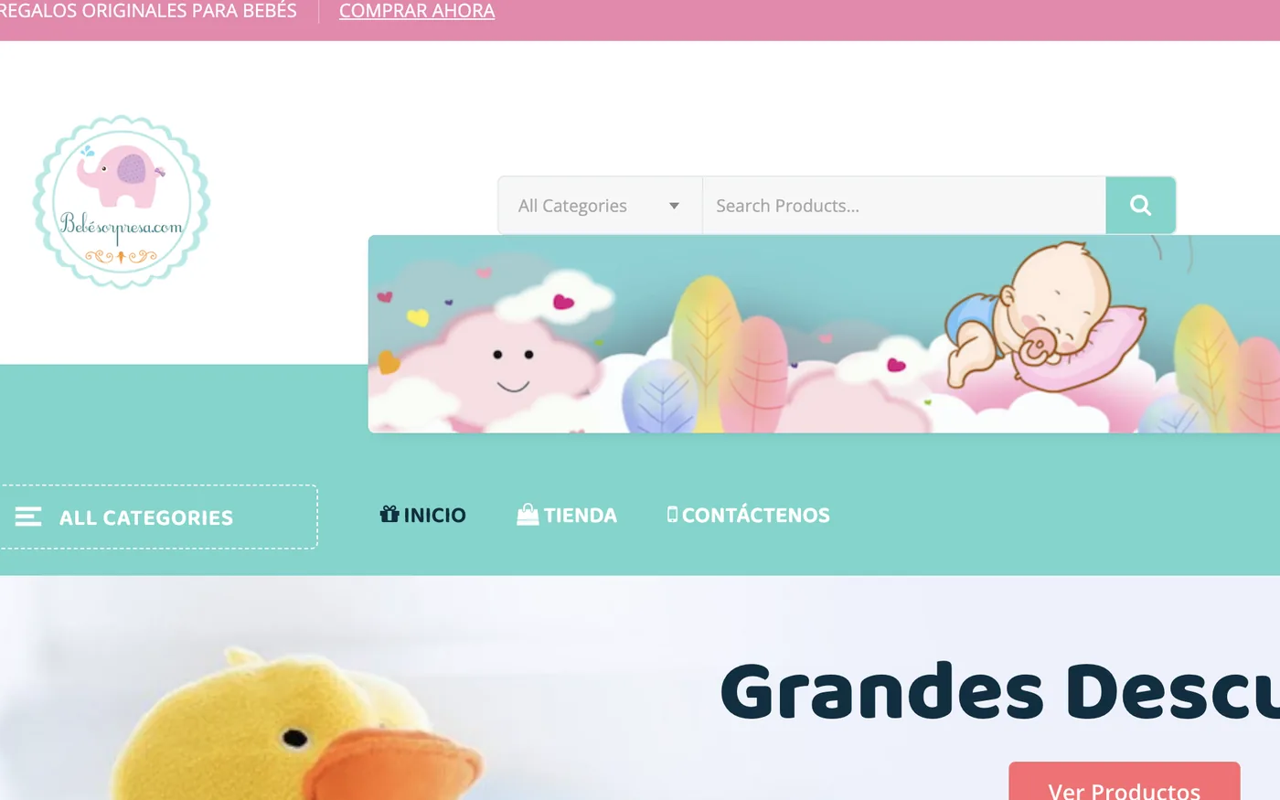 Sitio web de Bebé Sorpresa Inicio de la tienda online Bebé Sorpresa con logo rosa, banner de nubes y bebé, y búsqueda de productos por categorías