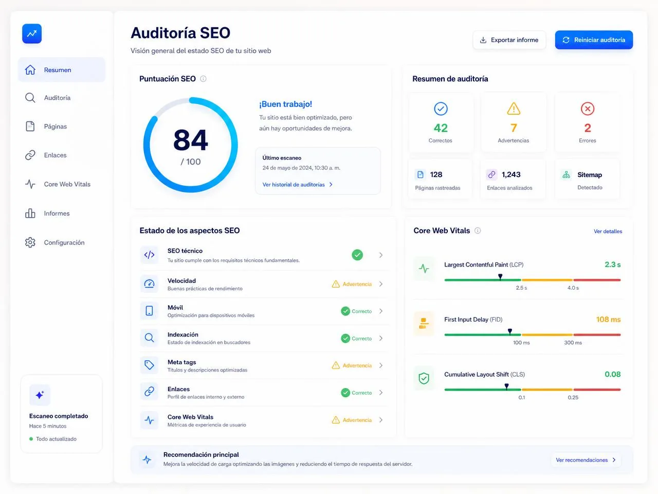 Crecimiento de tráfico orgánico con consultoría SEO Auditoría SEO con puntuación 84/100, revisión de velocidad, indexación, meta tags, enlaces y Core Web Vitals