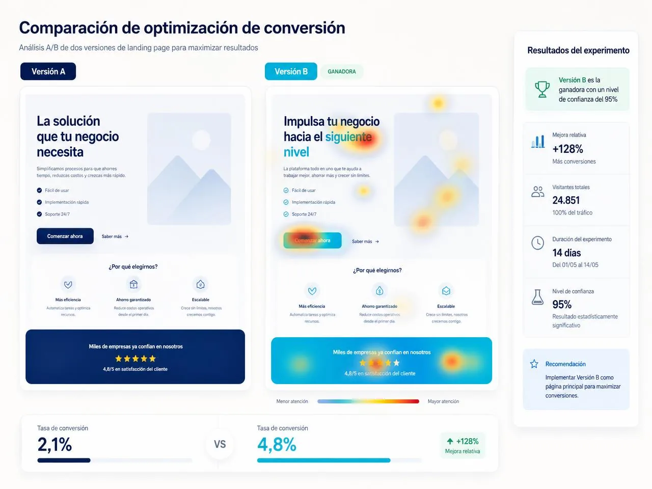 Optimización de conversión aplicada a páginas con tráfico orgánico Prueba A/B de dos versiones de una página con mapa de calor y tasa de conversión que pasa de 2,1% a 4,8%