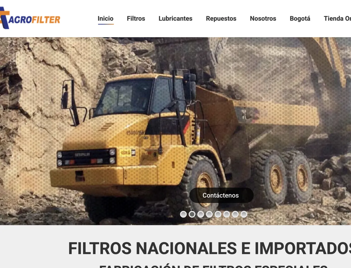 Inicio del sitio de Agrofilter con menú de filtros, lubricantes y repuestos y foto de un camión minero
