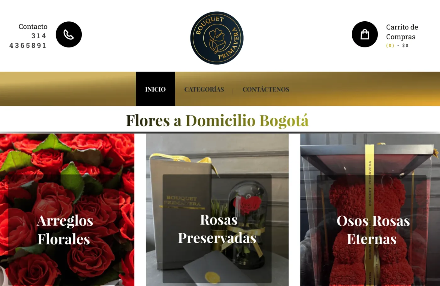Sitio web de Flores a Domicilio Inicio de la floristería Flores a Domicilio Bogotá con categorías de arreglos florales, rosas preservadas y osos de rosas